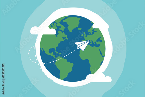 Paper Plane Flying Around Globe Travel Concept Airplane Journey Across World Tourism Adventure Vector Illustration with Earth and Flight Path