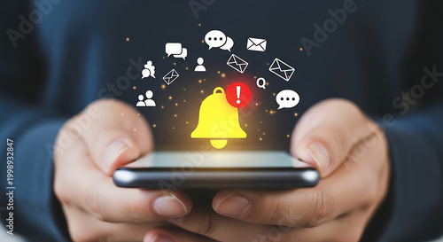 Smartphone displaying glowing notification bell and social media icons, representing alerts and digital communication