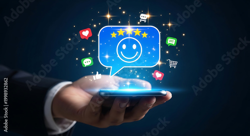 Hand holding smartphone displaying positive customer review with stars, smile, and social media icons
