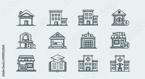 Collection of various building icons in a simple line art style.