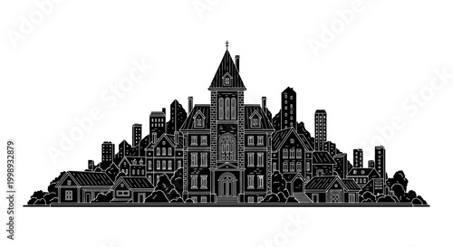 Gothic Mansion Silhouette Illustration ? Vintage Architectural Design