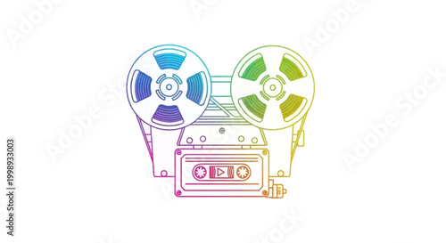 Vintage Reel-to-Reel Tape Recorder and Cassette with Rainbow Gradient Outline