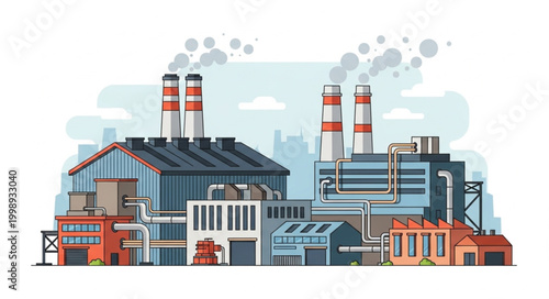 Industrial Factory Complex with Smokestacks Emitting Smoke.