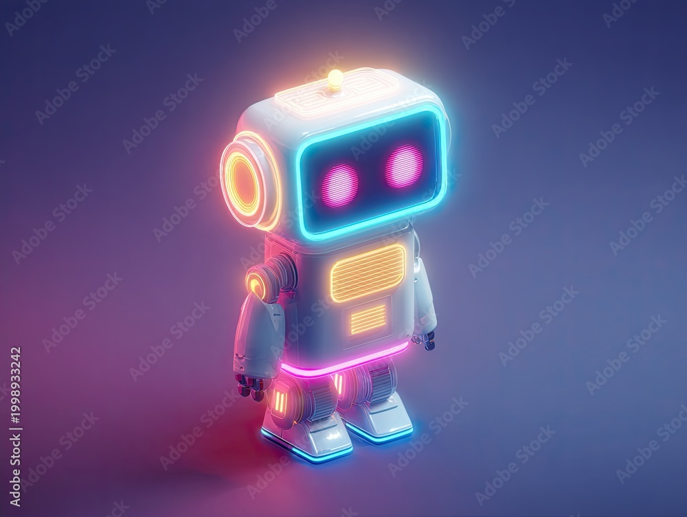 Naklejka premium Cute robot with neon lights glowing.