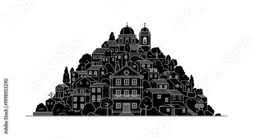 Hilltop Village Silhouette Illustration ? Minimalist Townscape