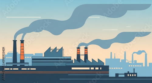 Industrial factory with smoke stacks emitting pollution into the sky.