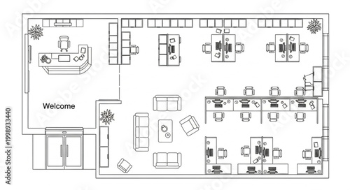 Architectural floor plan of a modern office space layout.