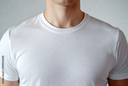 Close up of a man wearing a plain white t-shirt.