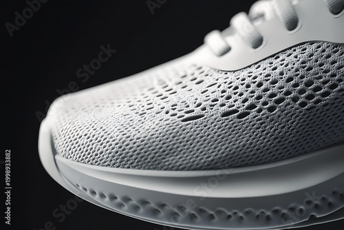 Close up of a modern white athletic running shoe with breathable mesh detail.