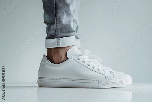 Close up of a pair of white leather sneakers on a persons foot.