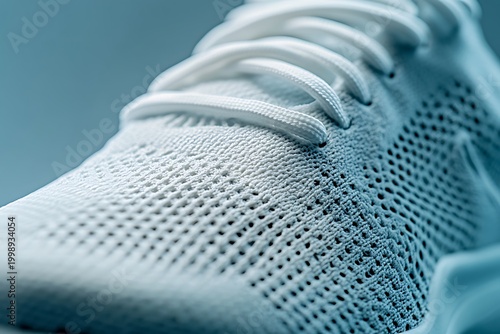 Close up of a white athletic shoe with intricate mesh texture and white laces.
