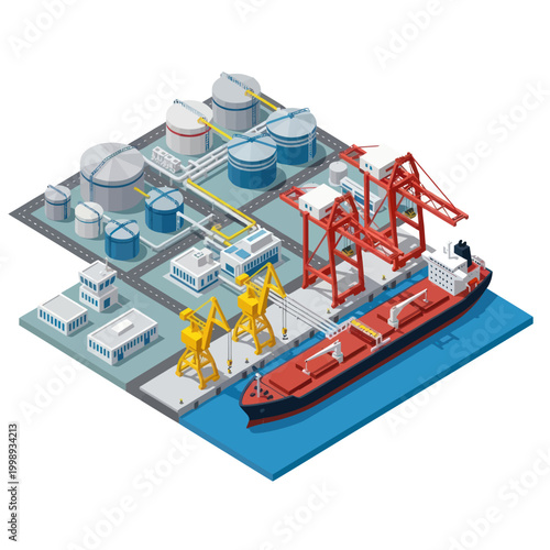Isometric Oil Terminal - Tankers, Cranes, and Storage Facilities.