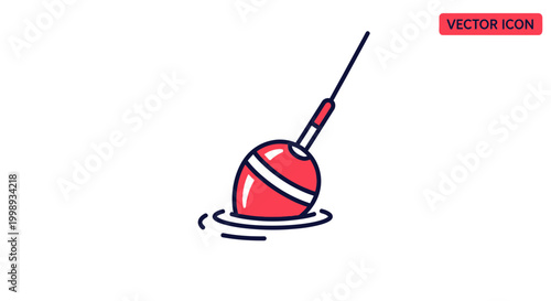 Red fishing bobber floating on water, vector icon illustration