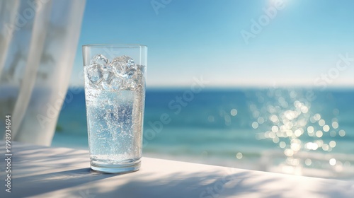 美しい海を望むテラスで、氷の入った冷たい炭酸水がグラスに注がれている様子。