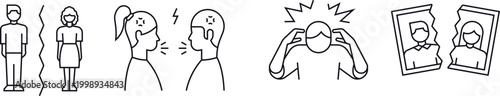 Marriage problem icons set . divorce, break, argument, stress, sadness, angry, fight, separation, crisis, depression, betrayal.  Line vector icons collection