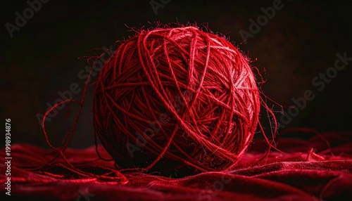 A vibrant ball of tangled red yarn with loose fibers, showcasing intricate texture on a dark backdrop