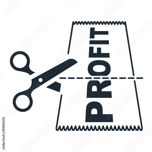 Scissors cut the income check. Reduction of financial profit. Vector linear icon illustration isolated on white background.