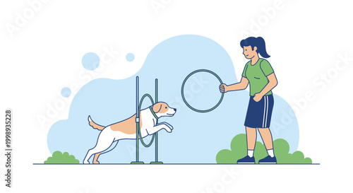 Dog agility training: owner guiding dog through hoop obstacle course