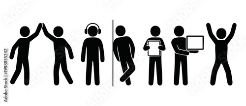 Stick figure people icons set, human actions and office activities including high five, listening to music, standing, holding notebook, computer work, and success celebration isolated on white backgro
