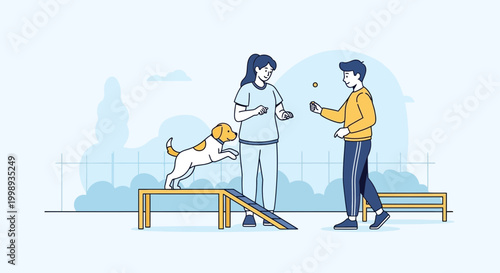 Dog agility training: people and dog jumping on obstacle course in park