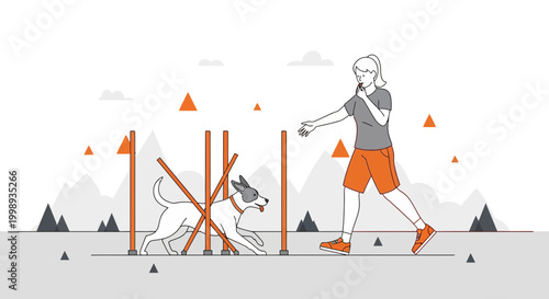 Dog agility training: woman guiding dog through obstacle course, outdoor activity