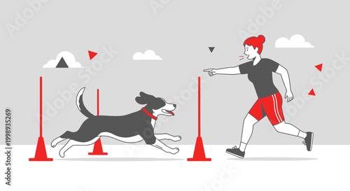 Dog agility training: Woman coaching border collie through obstacle course
