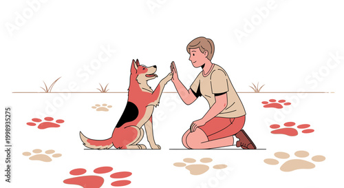 Dog and owner high-fiving, celebrating training success, surrounded by paw prints