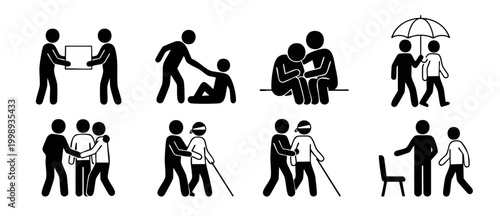 People helping each other icon set, diverse assistance and support actions, solidarity and kindness vector signs for accessibility, charity, healthcare, community volunteering and social services desi