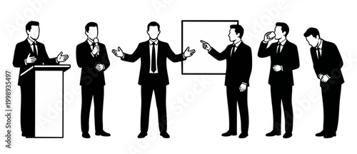 Businessmen presentation actions set, professional corporate people silhouettes in suits speaking, pointing, and standing, isolated black and white vector illustration for office infographics and mark