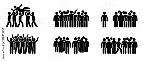 People Icon Set, Stick Figure Crowd Symbols and Teamwork Concepts, Simple Black Vector Graphics for UI Design, Business Collaboration, Social Interaction, Community Gathering and Group Management Icon