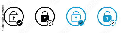 Secure Lock and Check Mark Icon Set. Vector Encryption Symbols for Cyber Security, Privacy Protection, Data Safety, and Verified Access Control in Black and Blue. Vector  illustration