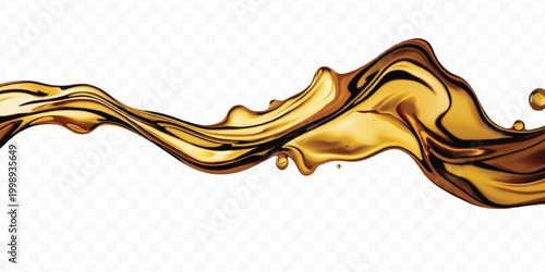 abstract smooth liquid cooking, engine, olive oil and honey splashing with droplets in curve style  isolated on transparent background	