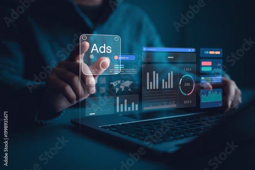Digital marketing expert using holographic dashboard for data analysis to optimize advertising campaigns for higher performance.