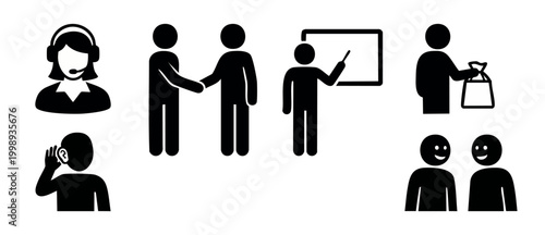 Business People Pictograms Icons Set, Communication and Corporate Actions Vector Graphics for UI UX Design and Professional Infographics, Simple Black Human Figures on White Background for Web Interfa