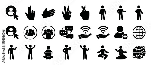People and Hand Gesture Icons Set, Social Interaction and Digital Communication Symbols for UI Design, User Interface Graphic Elements for Mobile Apps, Minimalist Black Silhouette Collection for Web