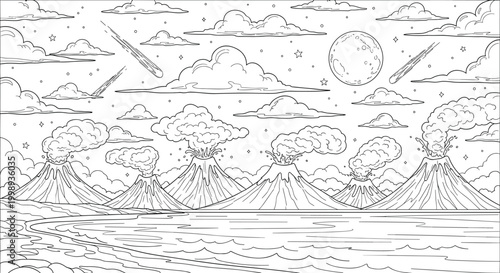 Volcanic eruption, meteors, clouds, moon and ocean in prehistoric landscape.