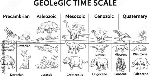 Geologic time scale with prehistoric animals and plants from different eras.