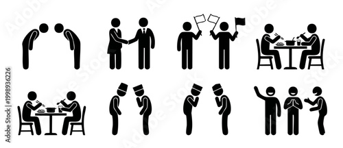 People Social Interaction Stick Figure Icons Set, Business Handshake, Asian Cultural Bowing, Dining Together, Greeting Gestures, Communication Pictogram Collection for Professional and Social Design P