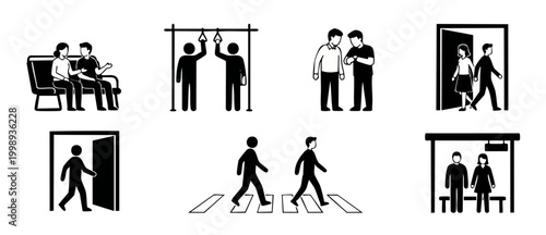 People Daily Life Activities Icon Set, Human Interaction Symbols for Public Transport and Commuting, Simple Black Pictograms Collection for Urban Lifestyle and Navigation UI Design and Web Graphics