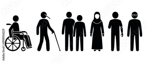 Diversity and Inclusion People Icons Set, Disability and Accessibility Pictogram Collection. Vector flat illustration of wheelchair user, visually impaired, Muslim woman, amputee and elderly person is