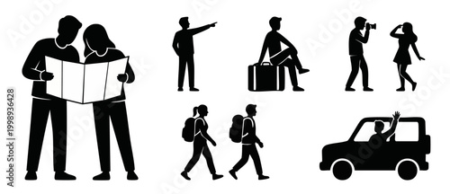 Travel People Silhouettes Icon Set, Tourists Exploring Destinations with Map, Backpacks, Luggage, Camera, and Car. Flat Vector Collection of Tourism Characters for Adventure and Vacation Planning Conc