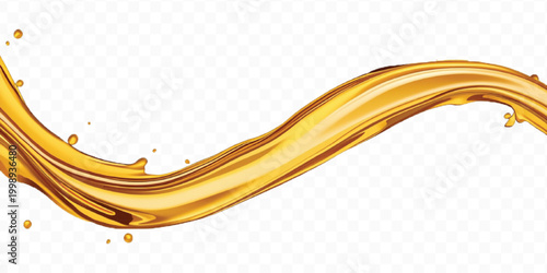 abstract smooth liquid cooking, engine, olive oil and honey splashing with droplets in curve style  isolated on transparent background	