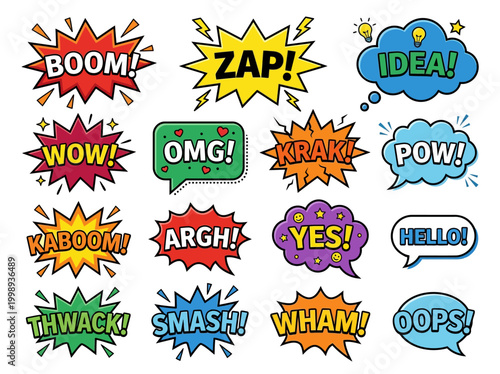 Fotografie Comic Book Speech Bubbles and Sound Effects Set in Retro Pop Art Style