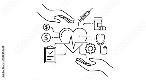 Healthcare finance concept: hands, heart, money, medical icons, stethoscope, syringe, pills