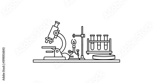 Laboratory equipment illustration: microscope, burner, test tubes, petri dish on a shelf