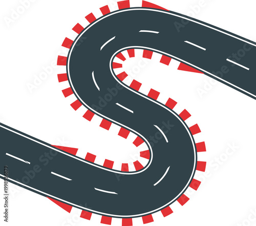 Flat vector illustration of a winding asphalt race track with sharp S-curves and red curbs. Perfect for racing game graphics, automotive circuit design, and speed-themed sports illustrations.