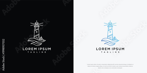 Minimalist Lighthouse Logo with Waves and Text