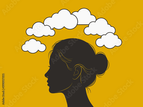 Conceptual Illustration of a Woman's Silhouette with White Clouds Above Her Head, Representing Mental Health, Mindfulness, and Creative Thinking