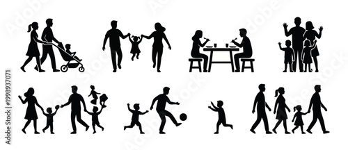 Family silhouettes set collection, parents and children activity icons, walking playing eating at home, happy people lifestyle vector illustration isolated on white background, black shape design elem