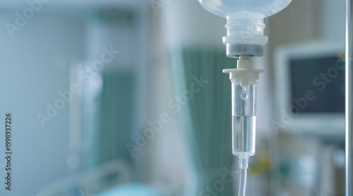 Close up of intravenous IV drip bag with liquid dripping in a hospital ward room background for medical treatment and patient care.